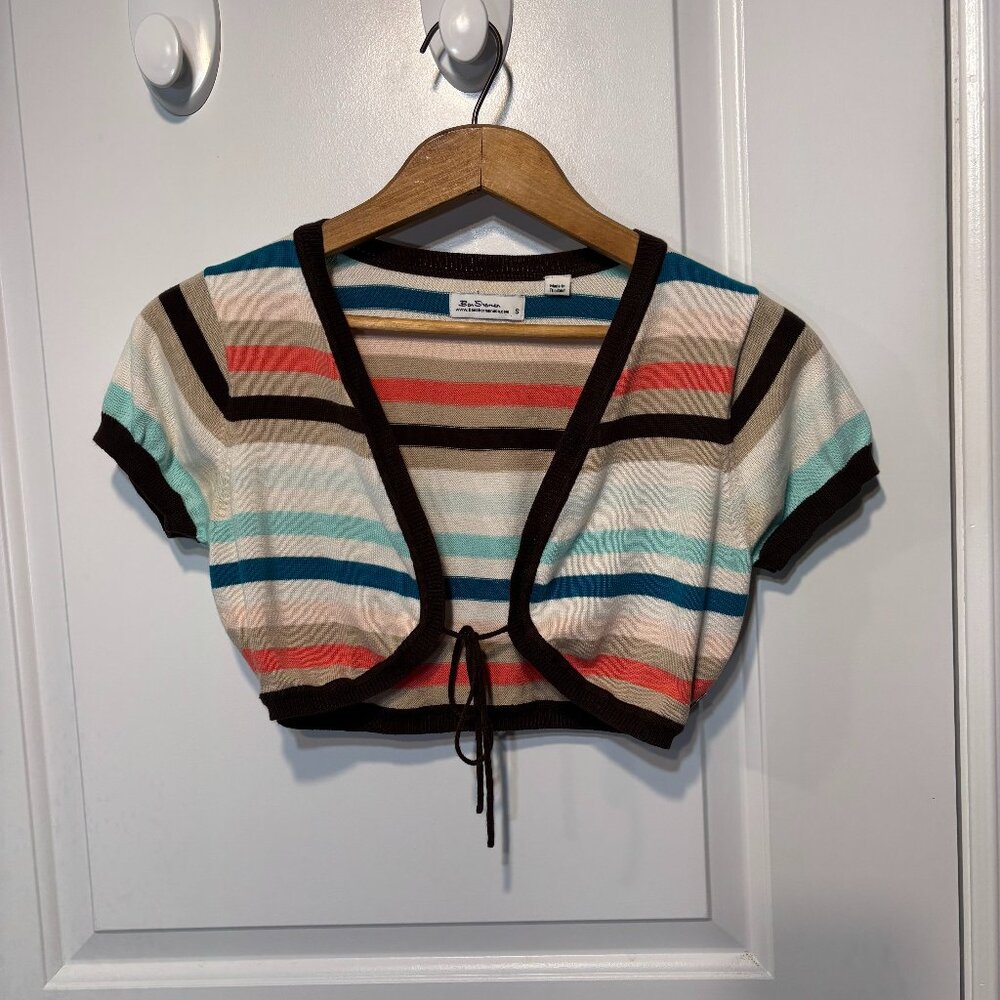 Ben Sherman Striped Short-Sleeved Tie-Front Sweater Shrug Size Small